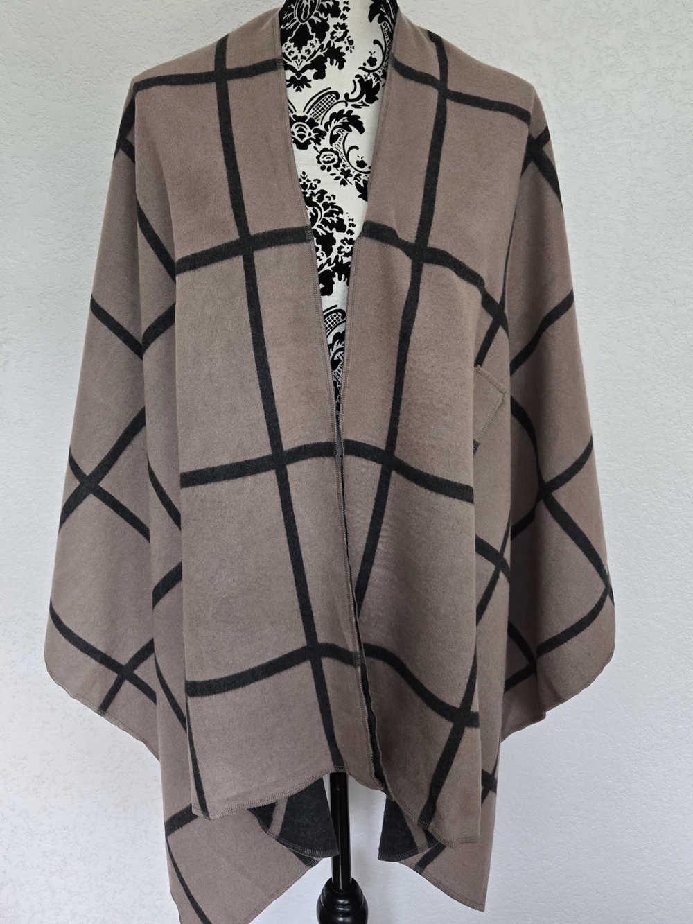 Windowpane Wrap Shawl in Taupe and Black